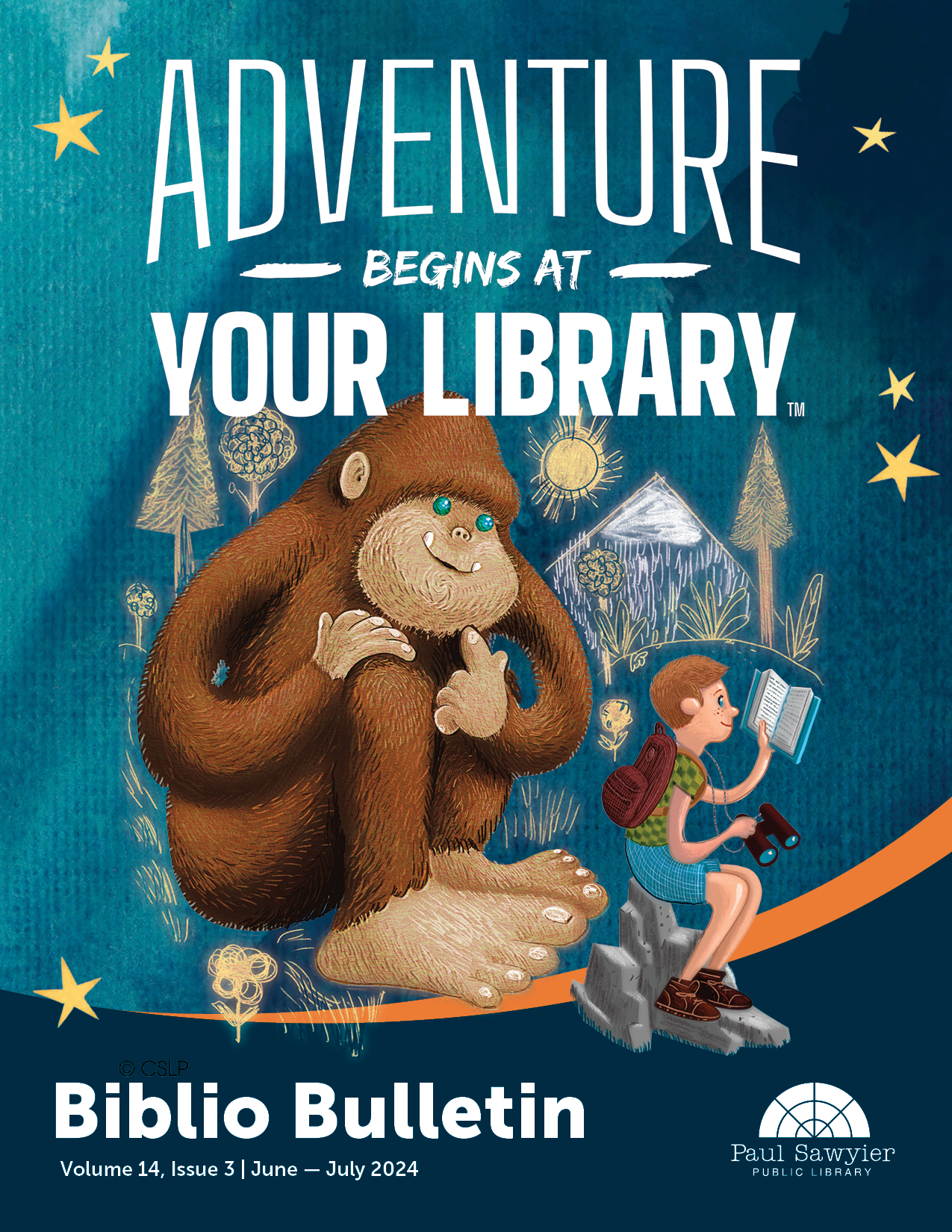 Newsletter Cover image. Drawing of big foot and a boy reading a book with the text Adventure begins at your library.