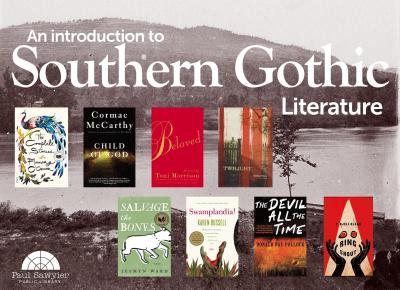 An Introduction to Southern Gothic Literature; gray-scale image of a mountain and a river in the background with eight colorful book covers in front