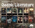 An Introduction to Gothic Literature; an old faded painting in the background with book covers in the foreground