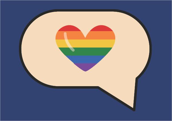 Speech bubble containing a rainbow heart